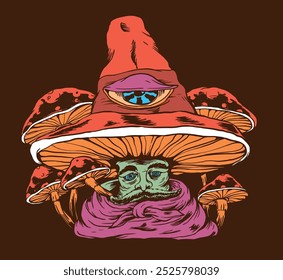 illustration of mushroom witch with bright and psychedelic colors