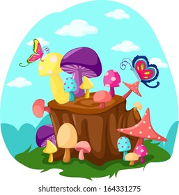 illustration of mushrooms and butterflies with tree stump 