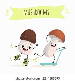 Illustration with mushrooms characters. Funny and healthy food. Vitamins, Food with a cute face, ingredients, vegetarianism, Vector cartoon, antioxidant, forest autumn harvest