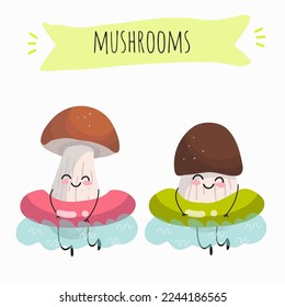 Illustration with mushrooms characters. Funny and healthy food. Vitamins, Food with a cute face, ingredients, vegetarianism, Vector cartoon, antioxidant, forest autumn harvest