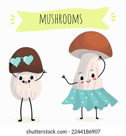 Illustration with mushrooms characters. Funny and healthy food. Vitamins, Food with a cute face, ingredients, vegetarianism, Vector cartoon, antioxidant, forest autumn harvest