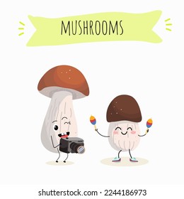 Illustration with mushrooms characters. Funny and healthy food. Vitamins, Food with a cute face, ingredients, vegetarianism, Vector cartoon, antioxidant, forest autumn harvest