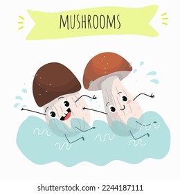 Illustration with mushrooms characters. Funny and healthy food. Vitamins, Food with a cute face, ingredients, vegetarianism, Vector cartoon, antioxidant, forest autumn harvest