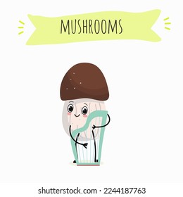 Illustration with mushrooms characters. Funny and healthy food. Vitamins, Food with a cute face, ingredients, vegetarianism, Vector cartoon, antioxidant, forest autumn harvest