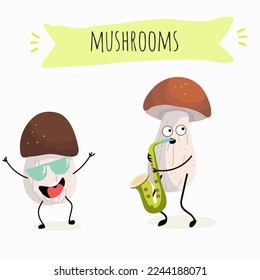 Illustration with mushrooms characters. Funny and healthy food. Vitamins, Food with a cute face, ingredients, vegetarianism, Vector cartoon, antioxidant, forest autumn harvest