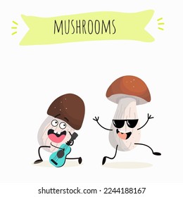 Illustration with mushrooms characters. Funny and healthy food. Vitamins, Food with a cute face, ingredients, vegetarianism, Vector cartoon, antioxidant, forest autumn harvest