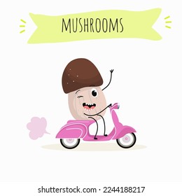 Illustration with mushrooms characters. Funny and healthy food. Vitamins, Food with a cute face, ingredients, vegetarianism, Vector cartoon, antioxidant, forest autumn harvest