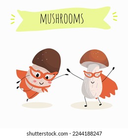 Illustration with mushrooms characters. Funny and healthy food. Vitamins, Food with a cute face, ingredients, vegetarianism, Vector cartoon, antioxidant, forest autumn harvest