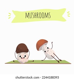 Illustration with mushrooms characters. Funny and healthy food. Vitamins, Food with a cute face, ingredients, vegetarianism, Vector cartoon, antioxidant, forest autumn harvest