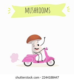 Illustration with mushrooms characters. Funny and healthy food. Vitamins, Food with a cute face, ingredients, vegetarianism, Vector cartoon, antioxidant, forest autumn harvest