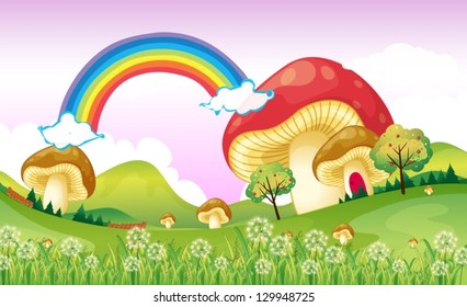 Illustration of mushrooms near the rainbow