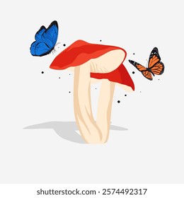 illustration of mushrooms surrounded by flying butterflies. plants and butterflies