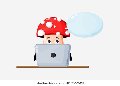 Illustration of mushrooms working on a laptop. mushroom mascot cartoon character