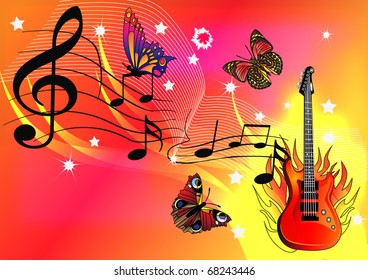 illustration music background with guitar butterfly and fire