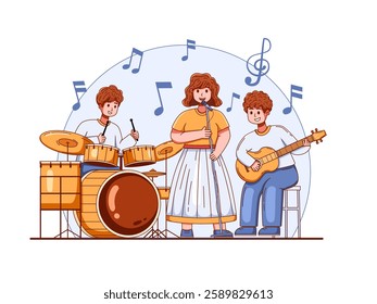 illustration of a music band performing by playing various musical instruments, ranging from drums, acoustic guitar, and singing using a microphone.
Suitable for music-related design themes, web, etc