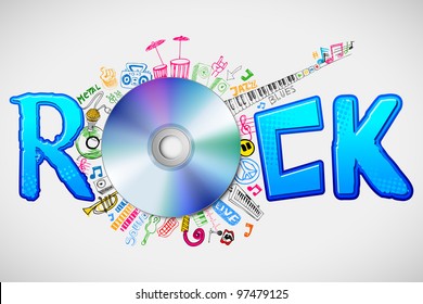 illustration of music doddle around disc with rock word