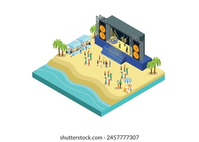 Ilustración de Festival de eventos musicales en la playa con mar azul, 3d Concepto Vista isométrica de los Elementos de la fiesta de conciertos de fondo y escenario.