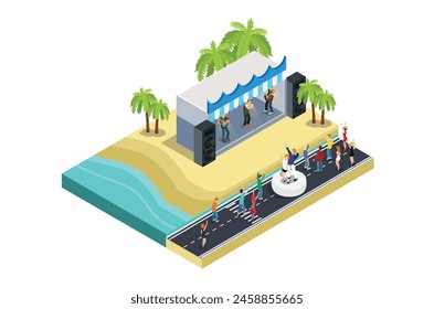 Illustration of a music event festival on a beach with blue sea, highway and parked vehicles in a row, 3d concept of isometric view of concert party background and stage landscape.