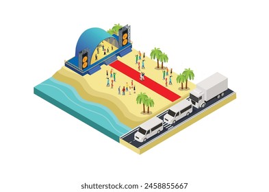 Ilustración de un festival de eventos musicales en una playa con mar azul, autopista y vehículos estacionados en una fila, concepto 3d de vista isométrica de fondo de fiesta de concierto y paisaje escénico.