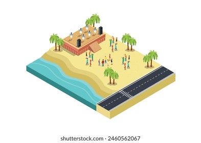 Illustration of a music event festival on a beach with blue sea, highway and parked vehicles in a row, 3d concept of isometric view of concert party background and stage landscape.