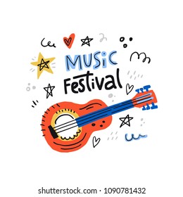 Illustration for music festival with acoustic guitar and lettering. Hand drawn concept for banners and postcards.