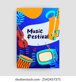 illustration of a music festival celebration poster featuring the musical instruments trumpet, violin, drum and tv. music posters