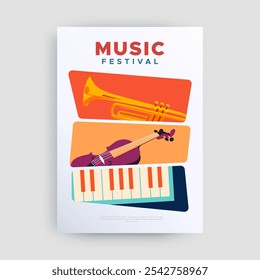 illustration of a music festival celebration poster featuring musical instruments trumpet, violin and piano. a musical instrument commonly used in orchestral performances