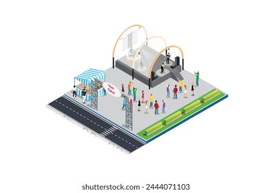 Illustration Music Festival Concept 3d Isometric View Concert Party Elements Landscape Background and Stage. Vector illustration of Musical Event