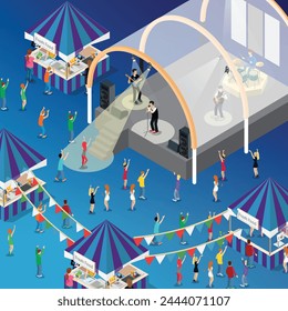 Illustration Music Festival Concept 3d Isometric View Concert Party Elements Landscape Background and Stage. Vector illustration of Musical Event