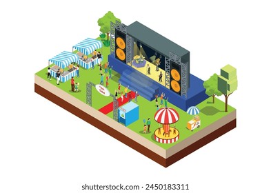 Illustration Music Festival Concept 3d Isometric View Concert Party Elements Landscape Background and Stage. Vector illustration of Musical Event