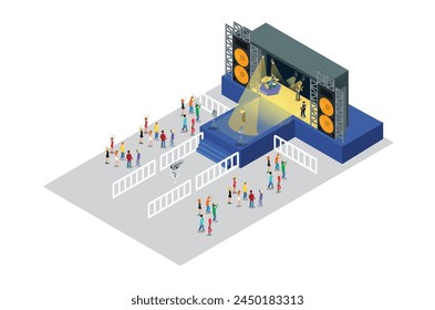 Illustration Music Festival Concept 3d Isometric View Concert Party Elements Landscape Background and Stage. Vector illustration of Musical Event