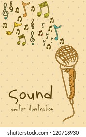 Illustration of a music icon, with microphone, cassette, piano, guitar, musical notes, vector illustration