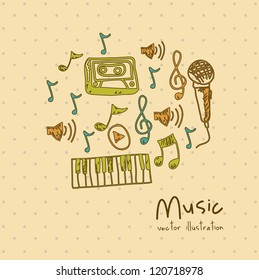 Illustration of a music icon, with microphone, cassette, piano, guitar, musical notes, vector illustration