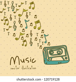 Illustration of a music icon, with microphone, cassette, piano, guitar, musical notes, vector illustration