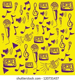 Illustration of a music icon, with trumpet, microphone, cassette, piano, guitar, musical notes, vector illustration