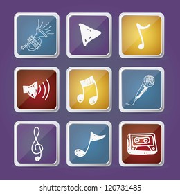 Illustration of a music icon, with trumpet, microphone, cassette, piano, guitar, musical notes, vector illustration