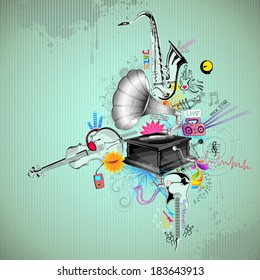 illustration of music instrument on retro background