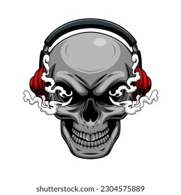 Illustration of music lover human skull mascot character wearing headphones with smoke