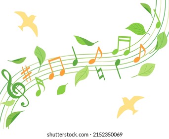 Illustration of music notes, leaves and birds.