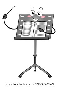 Illustration of a Music Stand Mascot with Music Sheet and Holding a Conductor Baton or Stick