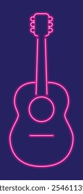 Illustration for music themed designs, posters, and digital artwork, pink glowing neon guitar illuminates with a lively and energetic glow, enhancing the visual appeal with a touch of neon brilliance.