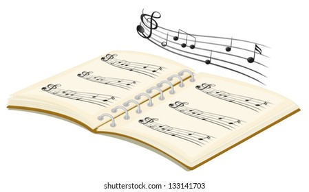 Illustration of the musical book with musical notes on a white background