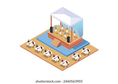 Illustration of Musical entertainment in a restaurant with people eating, 3d Concept Isometric View of Concert Party Elements Background and Stage Landscape.