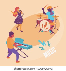 Illustration of a musical group - singer, pianist, drummer playing jazz, rock and roll or other music. Youth, music and dancing on orange background. 