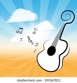 Illustration of musical instrument guitar with clouds on orange and blue background. 