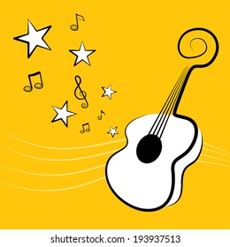 Illustration of musical instrument guitar on yellow background. Vector.