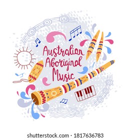 Illustration of musical instruments of the aborigines of Australia - didgeridoo. Design concept for a flyer template or invitation to a music concert or festival. Cartoon style.