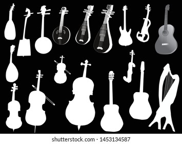 illustration with musical instruments isolated on black background