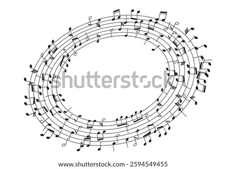 Illustration of musical notes arranged in a circular pattern forming a spiral shape on a white background. This abstract design emphasizes rhythm and melody.