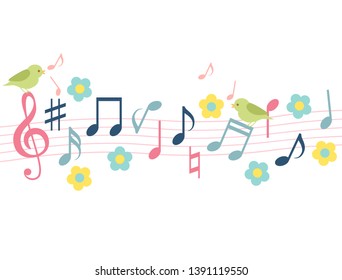 Illustration of musical notes and flowers. It is an image that a bird is singing.